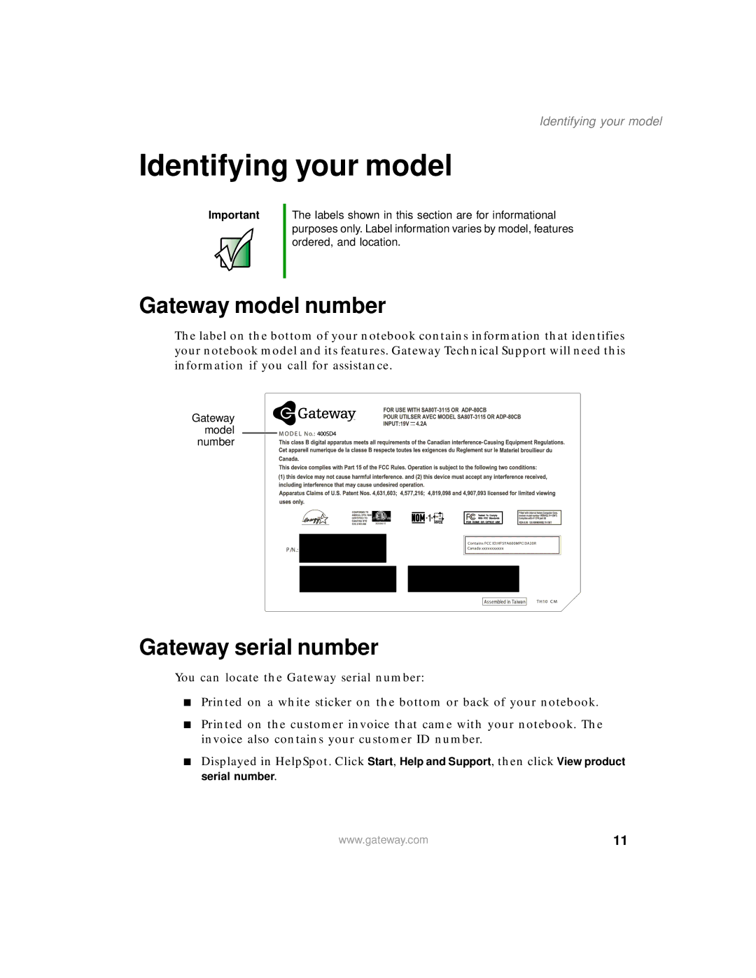 Gateway 400 manual Identifying your model, Gateway model number, Gateway serial number 