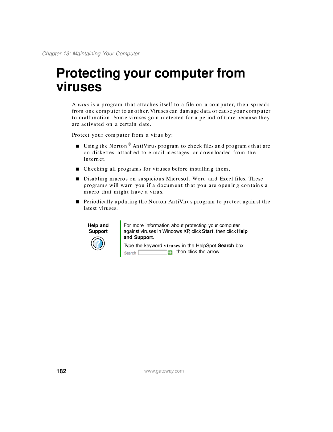 Gateway 400 manual Protecting your computer from viruses, 182 