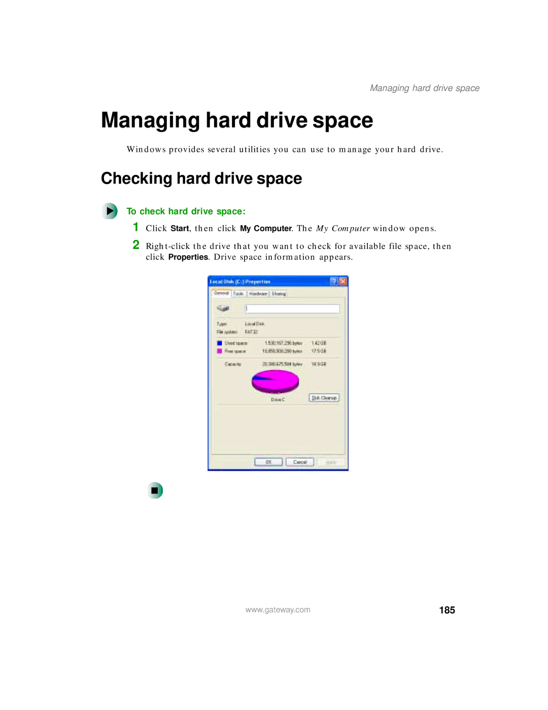 Gateway 400 manual Managing hard drive space, Checking hard drive space, To check hard drive space, 185 