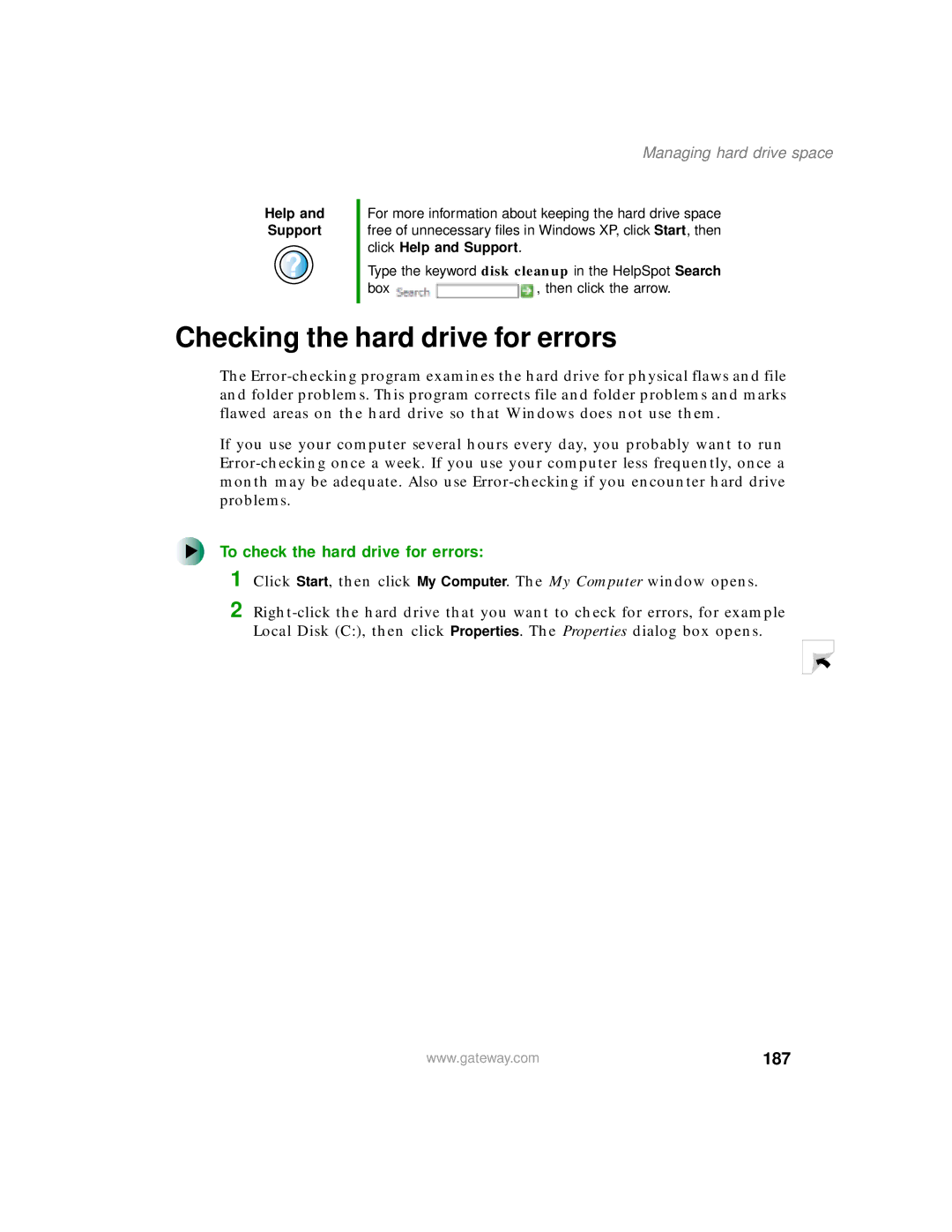 Gateway 400 manual Checking the hard drive for errors, To check the hard drive for errors, 187 