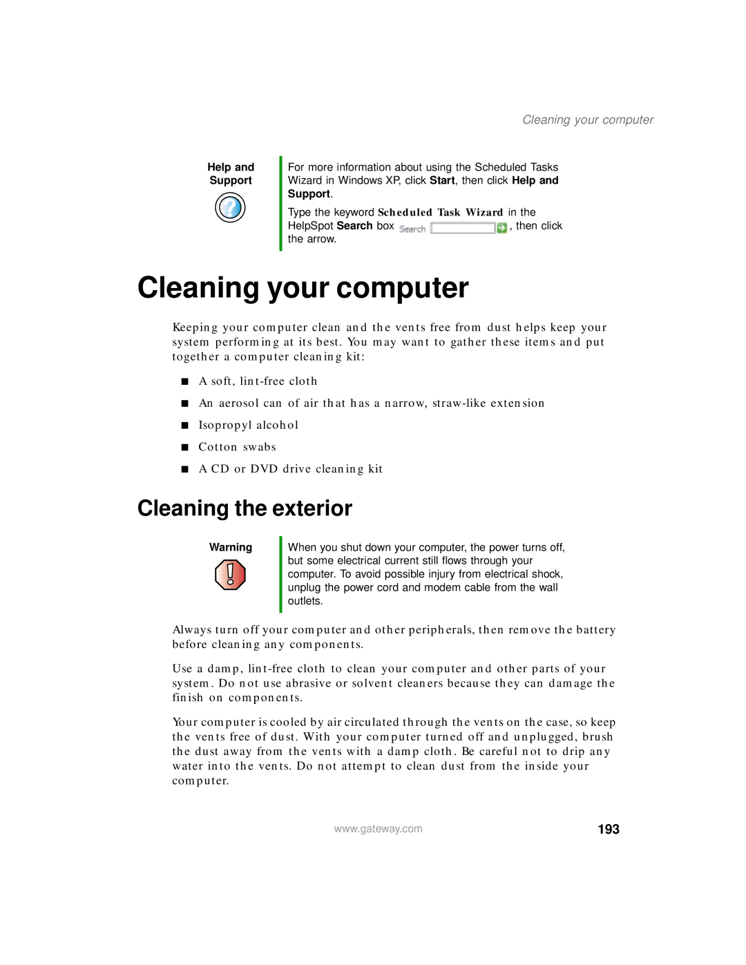 Gateway 400 manual Cleaning your computer, Cleaning the exterior, 193 