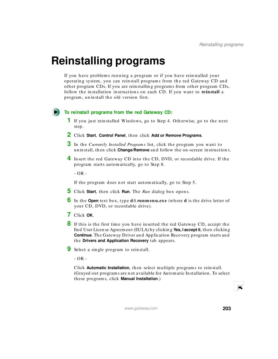 Gateway 400 manual Reinstalling programs, To reinstall programs from the red Gateway CD, 203 