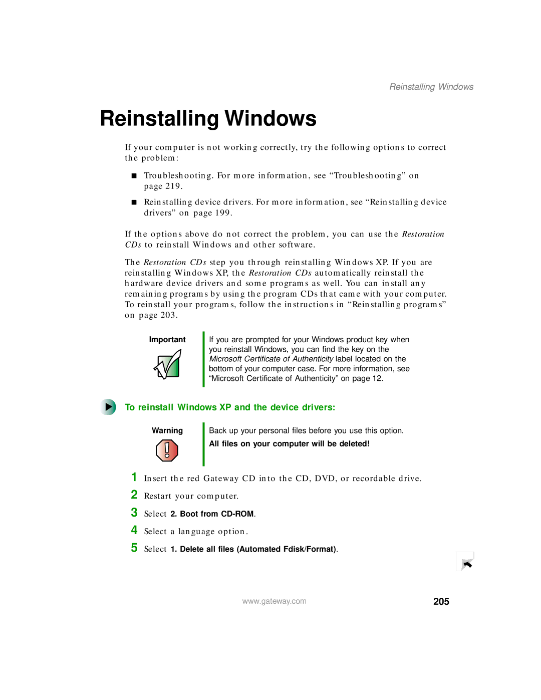 Gateway 400 manual Reinstalling Windows, To reinstall Windows XP and the device drivers, 205 