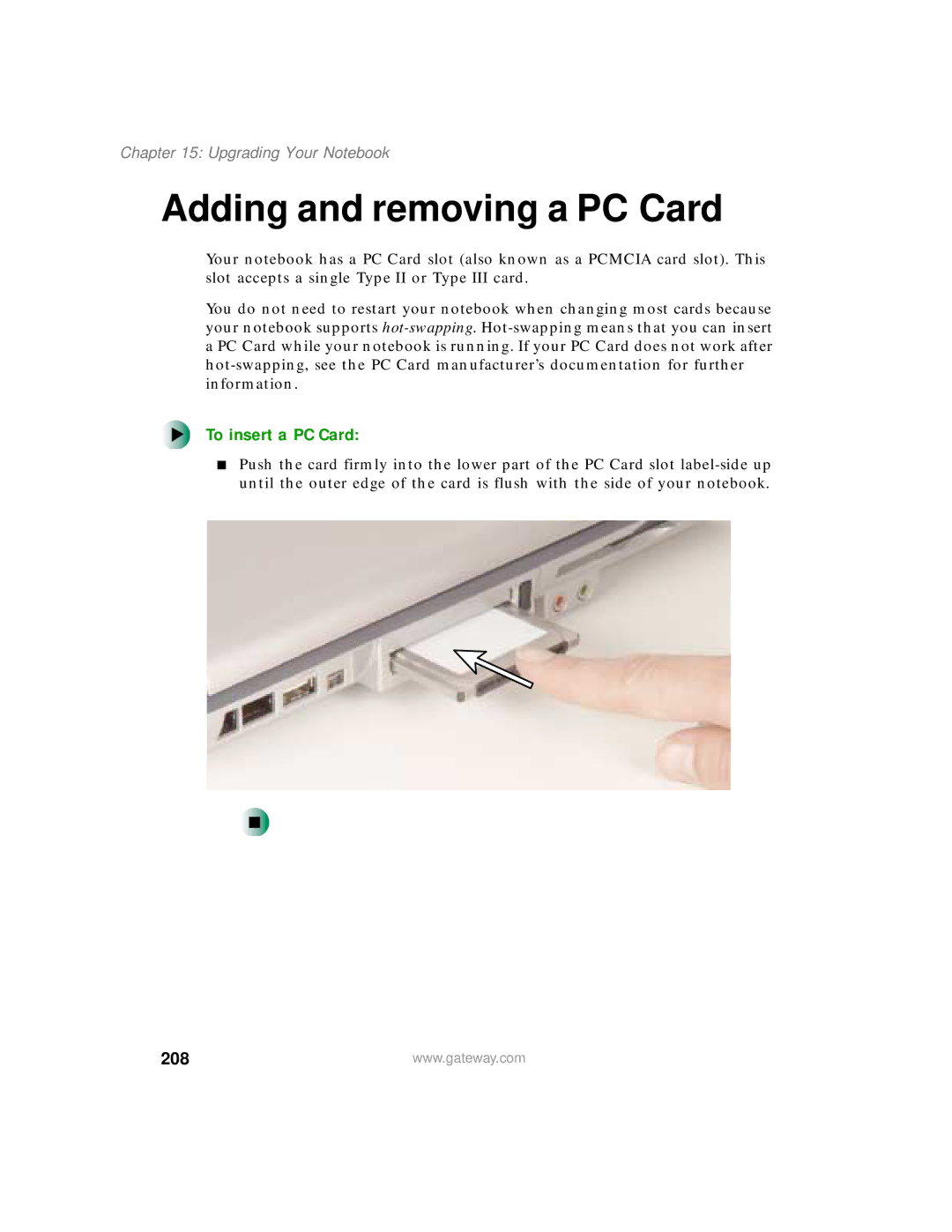 Gateway 400 manual Adding and removing a PC Card, To insert a PC Card, 208 