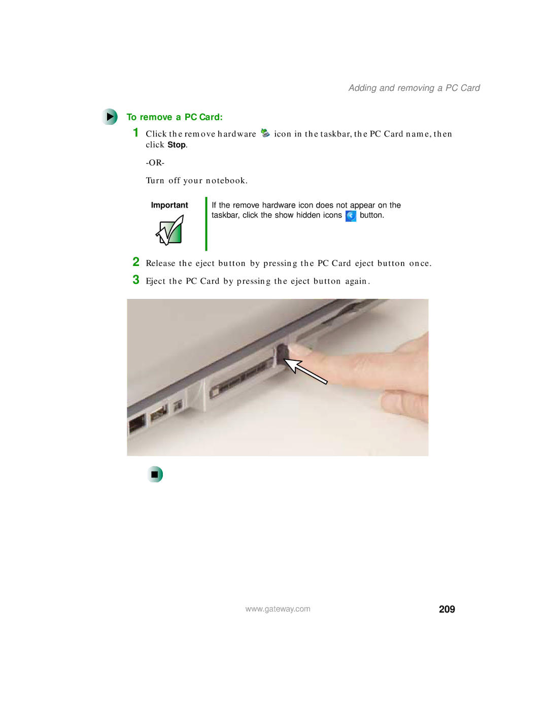 Gateway 400 manual To remove a PC Card, 209 