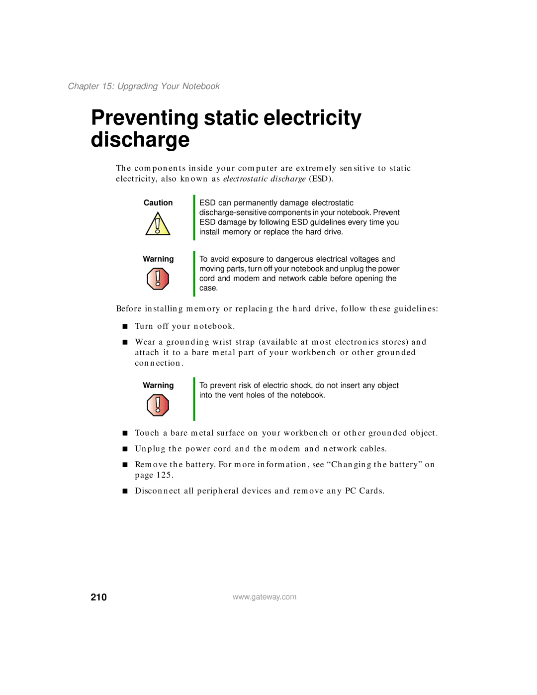 Gateway 400 manual Preventing static electricity discharge, 210 