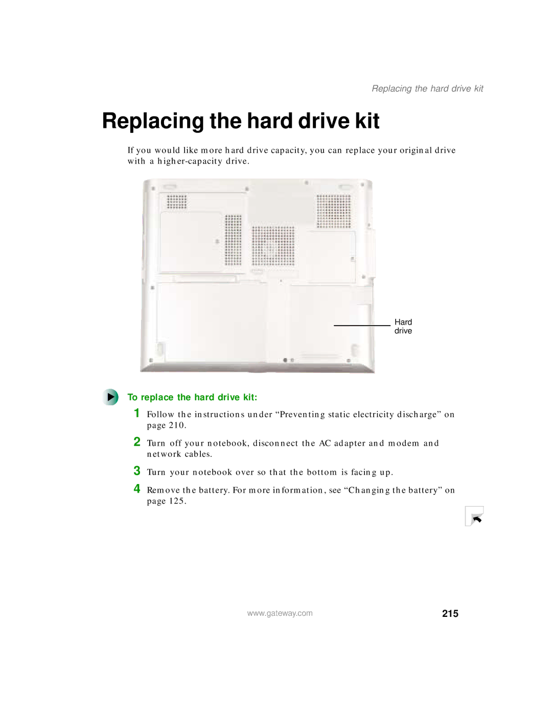 Gateway 400 manual Replacing the hard drive kit, To replace the hard drive kit, 215 