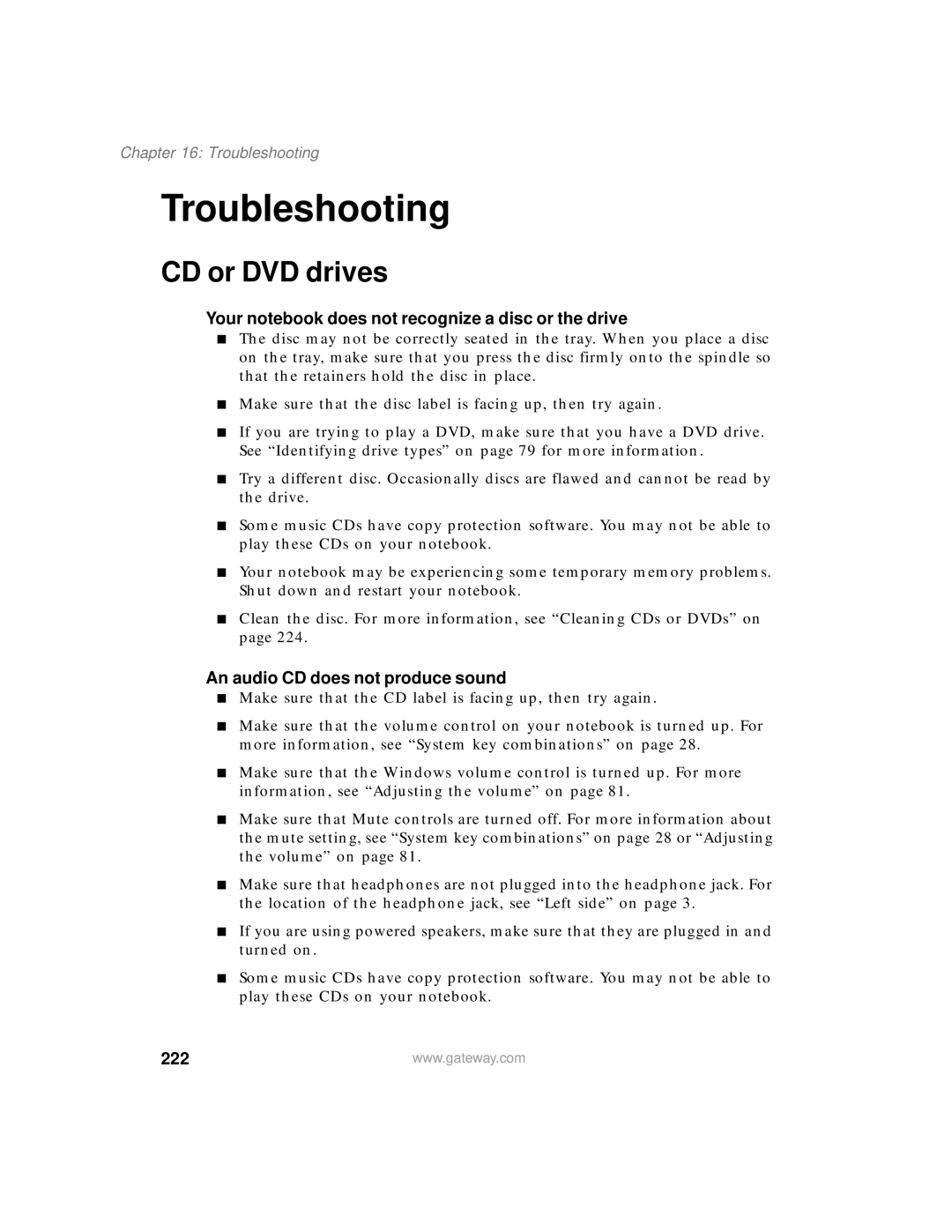 Gateway 400 manual Troubleshooting, CD or DVD drives, Your notebook does not recognize a disc or the drive, 222 