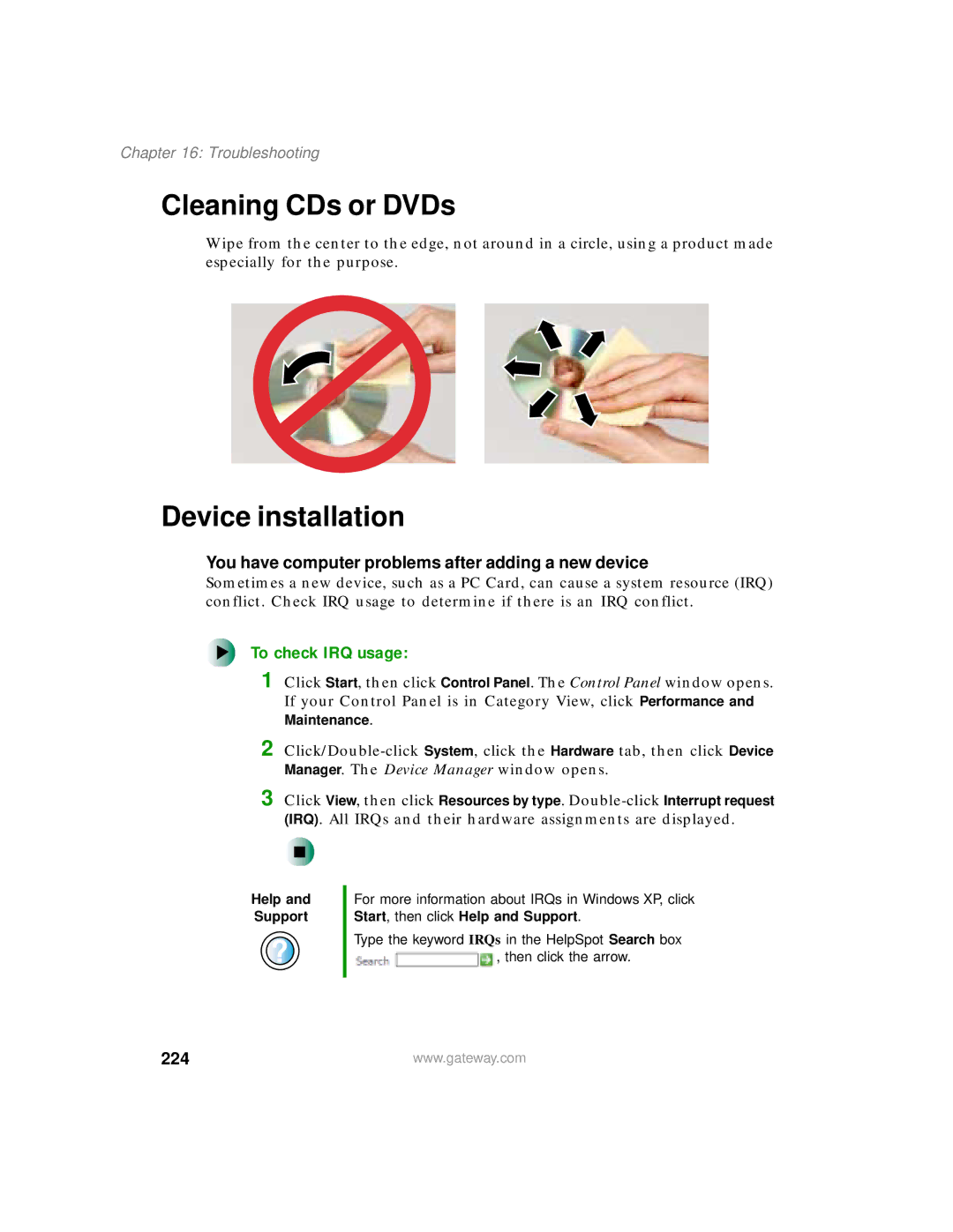 Gateway 400 manual Cleaning CDs or DVDs, Device installation, To check IRQ usage, 224 