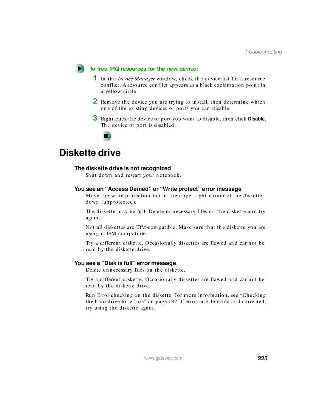 Gateway 400 manual Diskette drive, To free IRQ resources for the new device, 225 