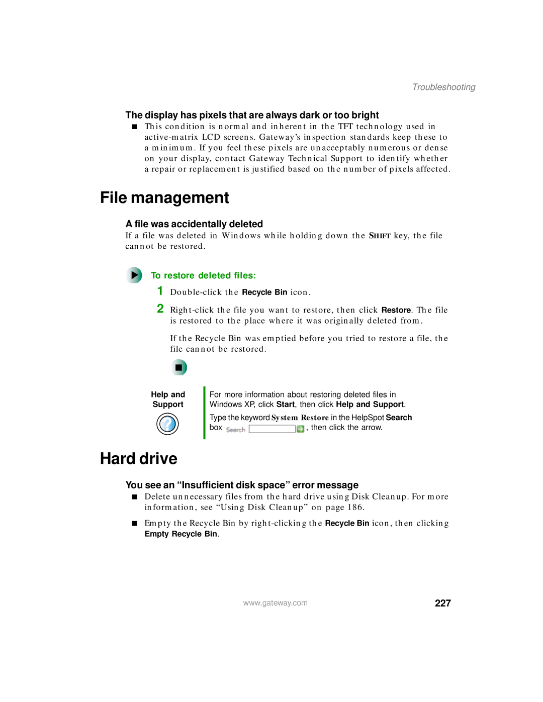 Gateway 400 manual File management, Hard drive, To restore deleted files, 227 