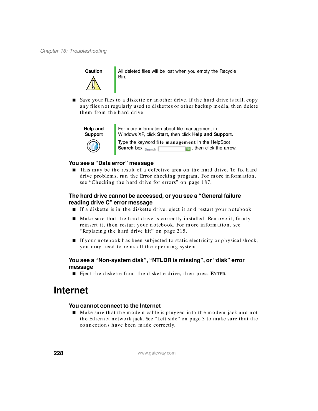 Gateway 400 manual You see a Data error message, You cannot connect to the Internet, 228 