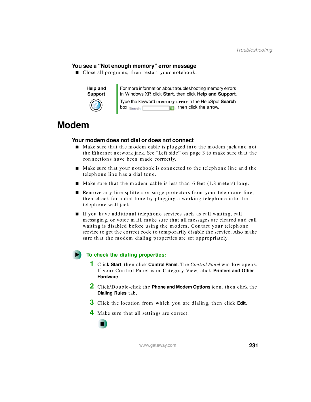 Gateway 400 manual Modem, To check the dialing properties, You see a Not enough memory error message, 231 