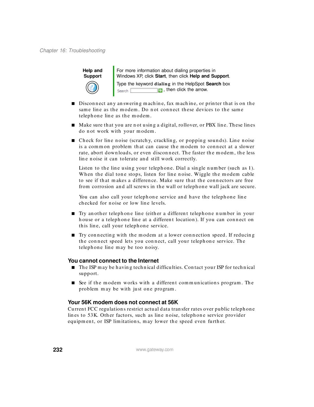 Gateway 400 manual Your 56K modem does not connect at 56K, 232 