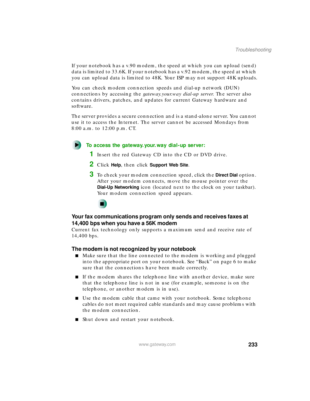 Gateway 400 manual To access the gateway.your.way dial-up server, Modem is not recognized by your notebook, 233 