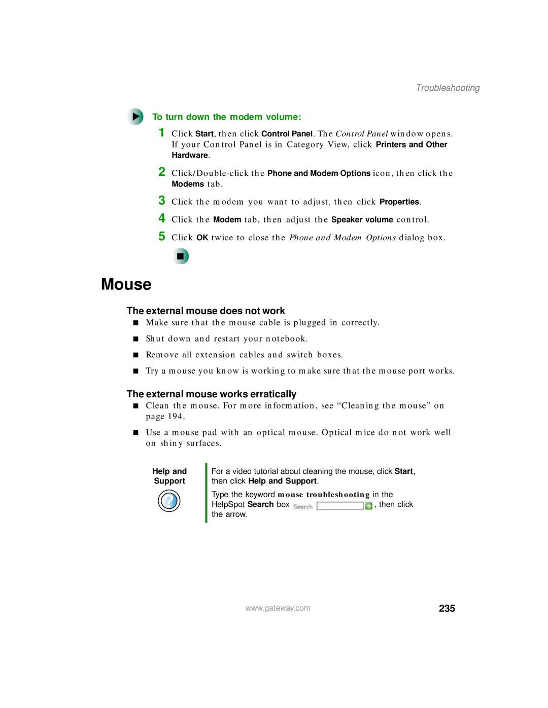 Gateway 400 Mouse, To turn down the modem volume, External mouse does not work, External mouse works erratically, 235 