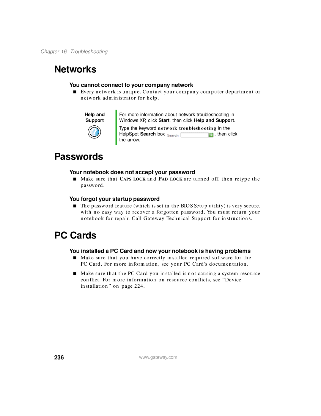 Gateway 400 manual Networks, Passwords, PC Cards, 236 