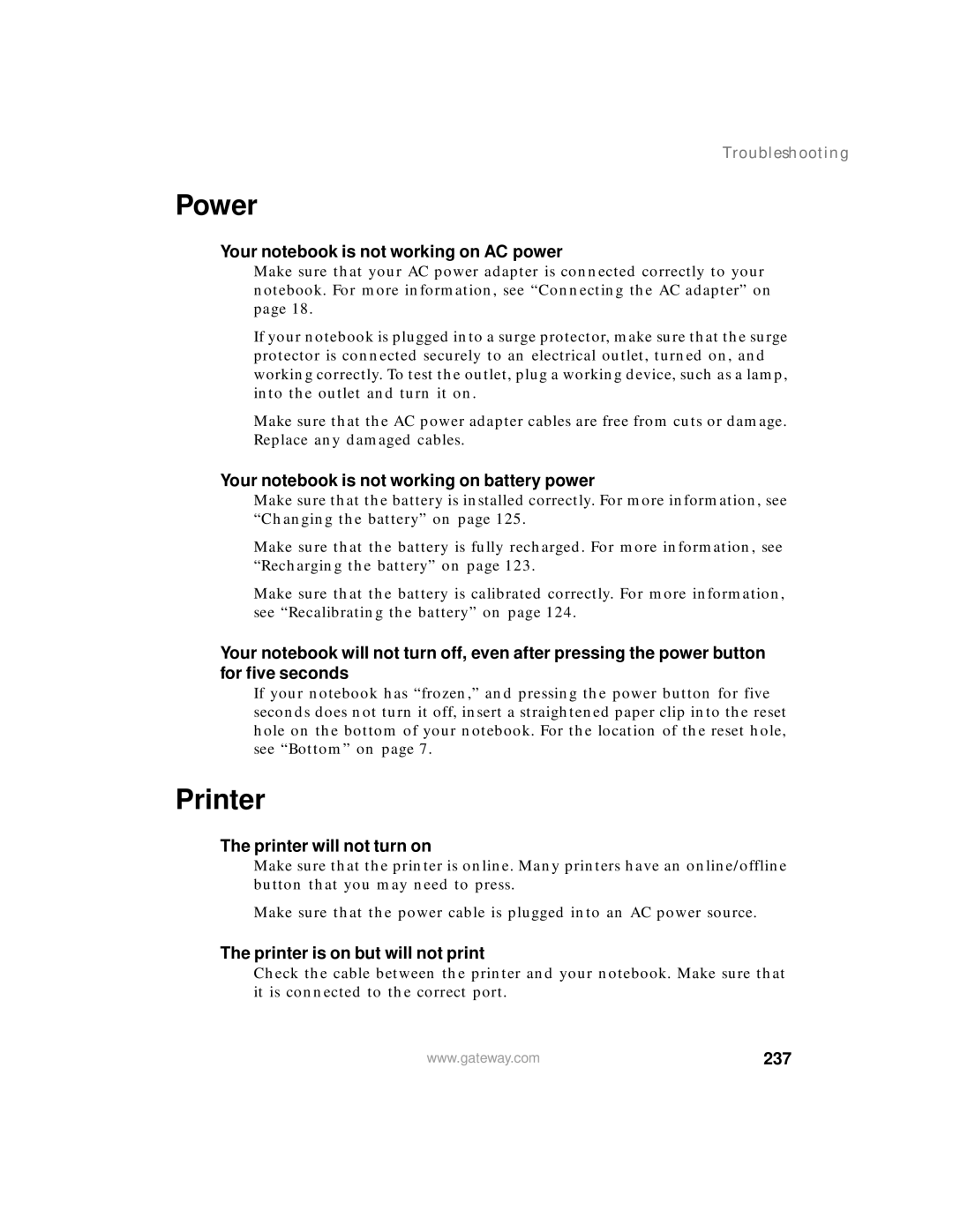 Gateway 400 manual Power, Printer, 237 