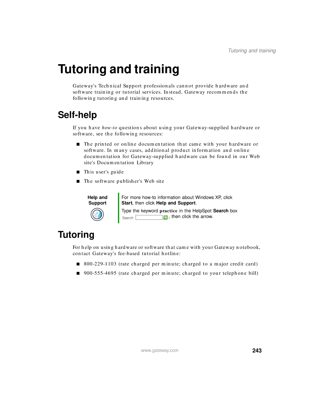 Gateway 400 manual Tutoring and training, Self-help, 243 