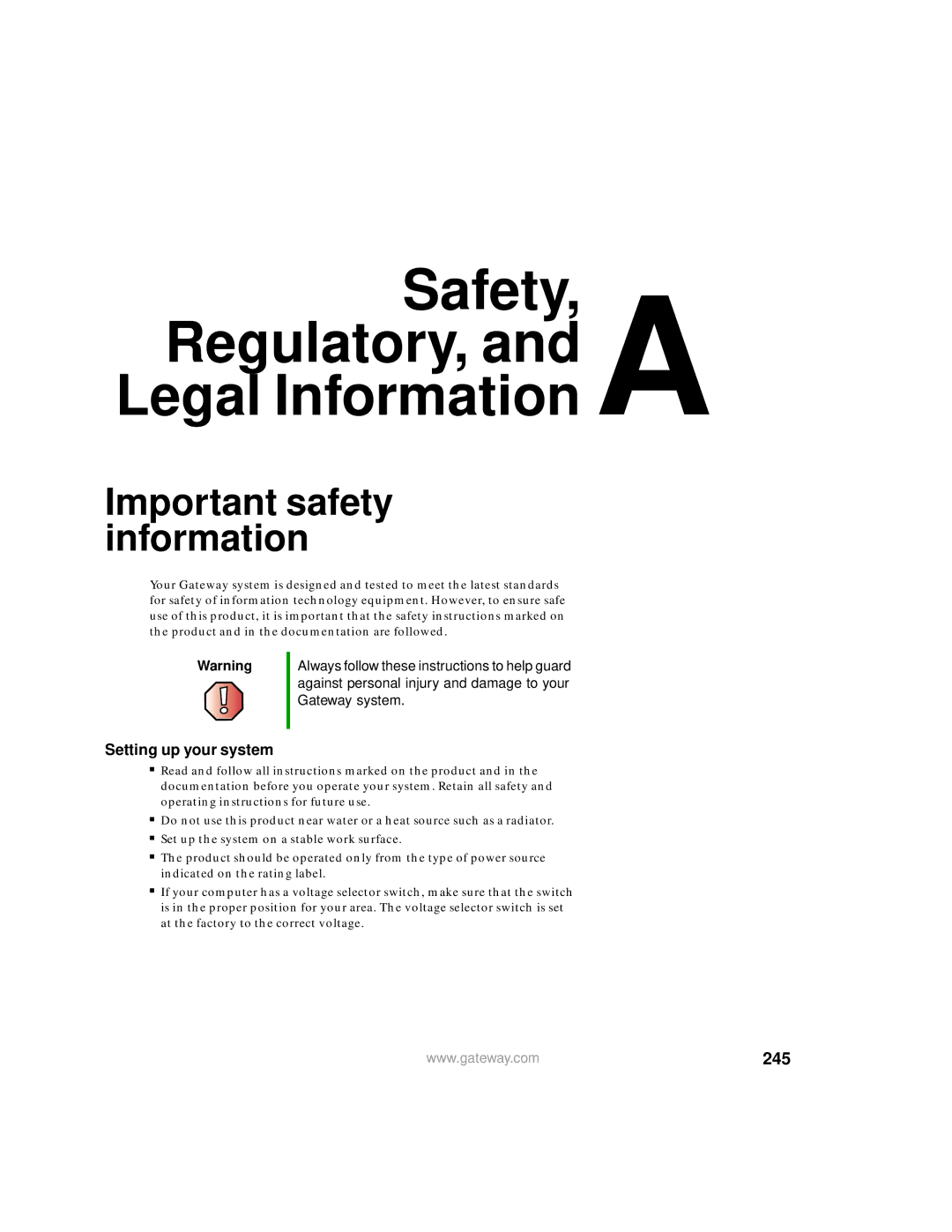 Gateway 400 manual Important safety information, 245, Setting up your system 