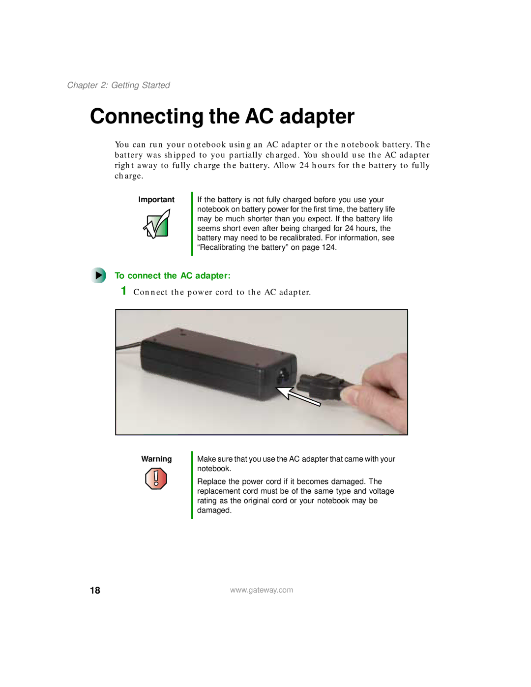 Gateway 400 manual Connecting the AC adapter, To connect the AC adapter 