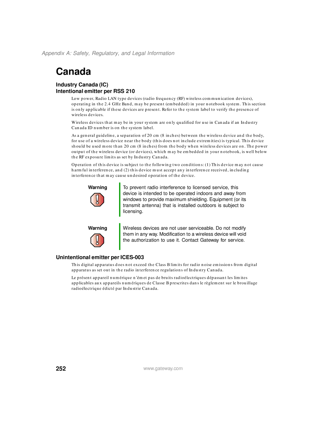 Gateway 400 manual 252, Industry Canada IC Intentional emitter per RSS, Unintentional emitter per ICES-003 