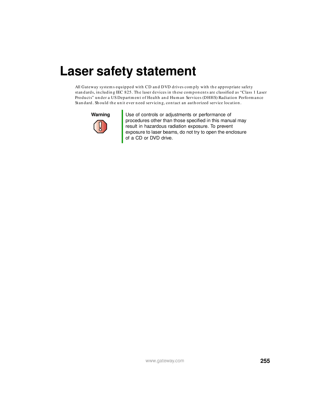 Gateway 400 manual Laser safety statement, 255 