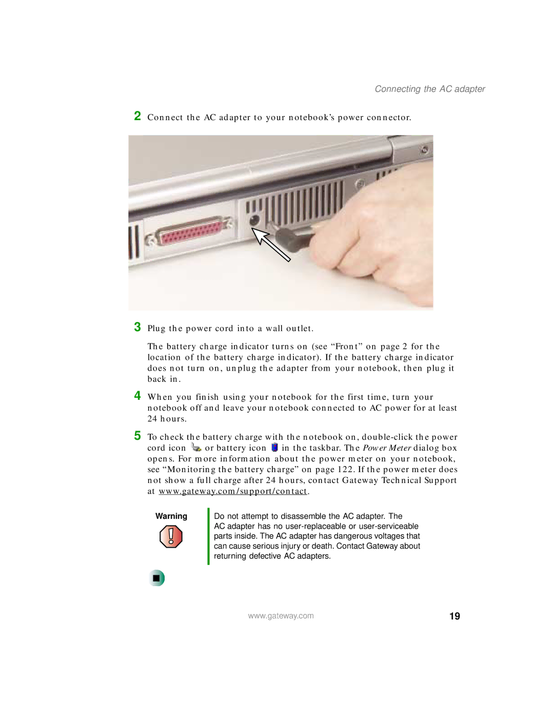 Gateway 400 manual Connecting the AC adapter 