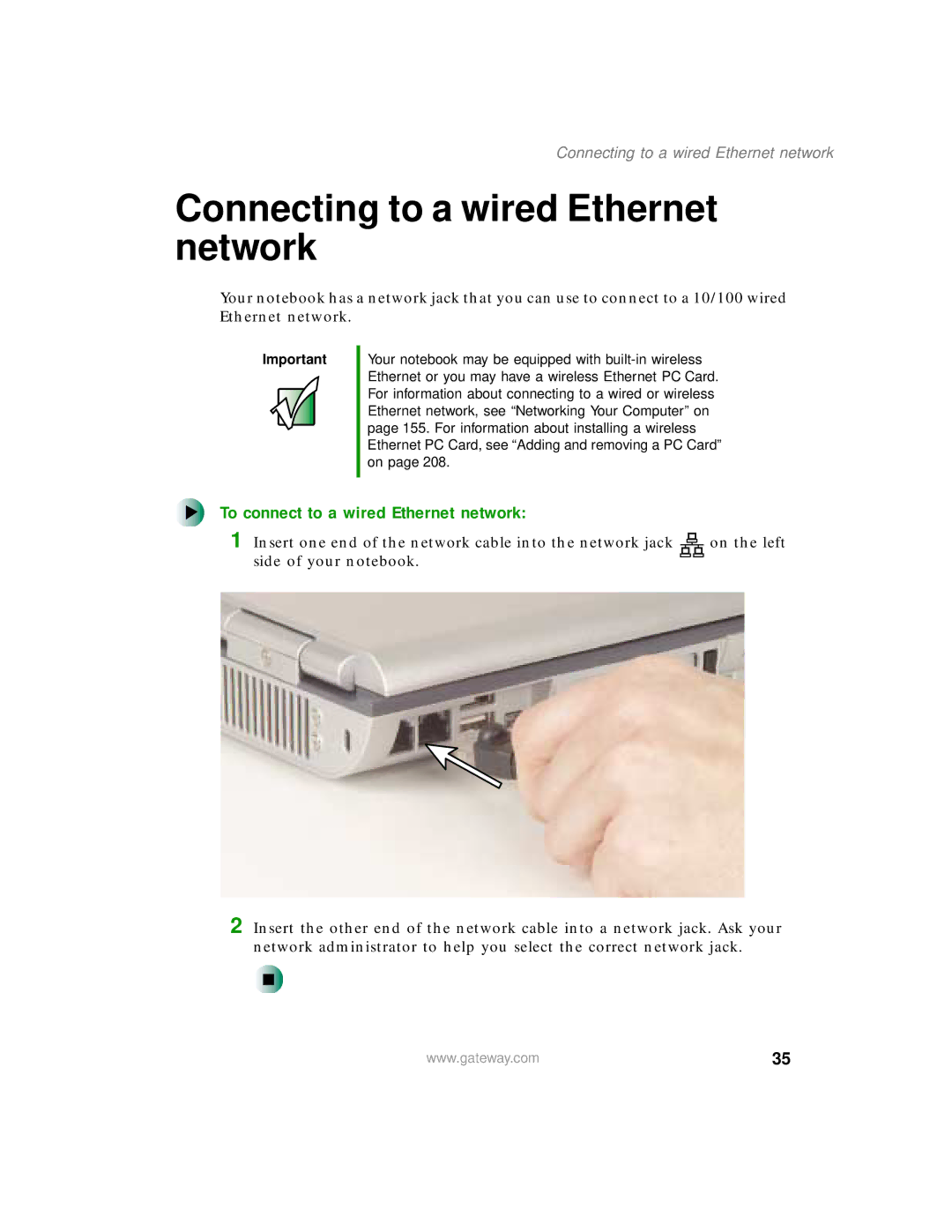 Gateway 400 manual Connecting to a wired Ethernet network, To connect to a wired Ethernet network 