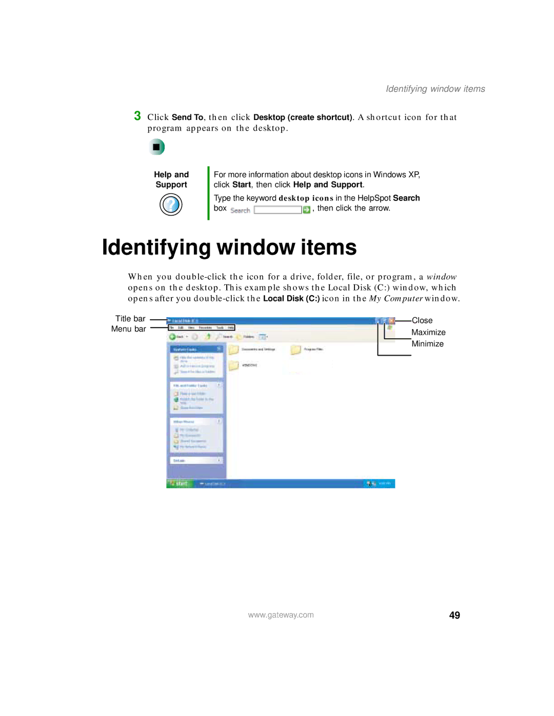 Gateway 400 manual Identifying window items 