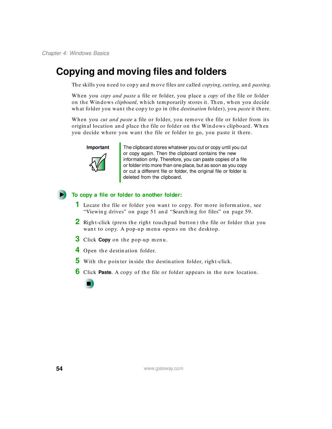 Gateway 400 manual Copying and moving files and folders, To copy a file or folder to another folder 