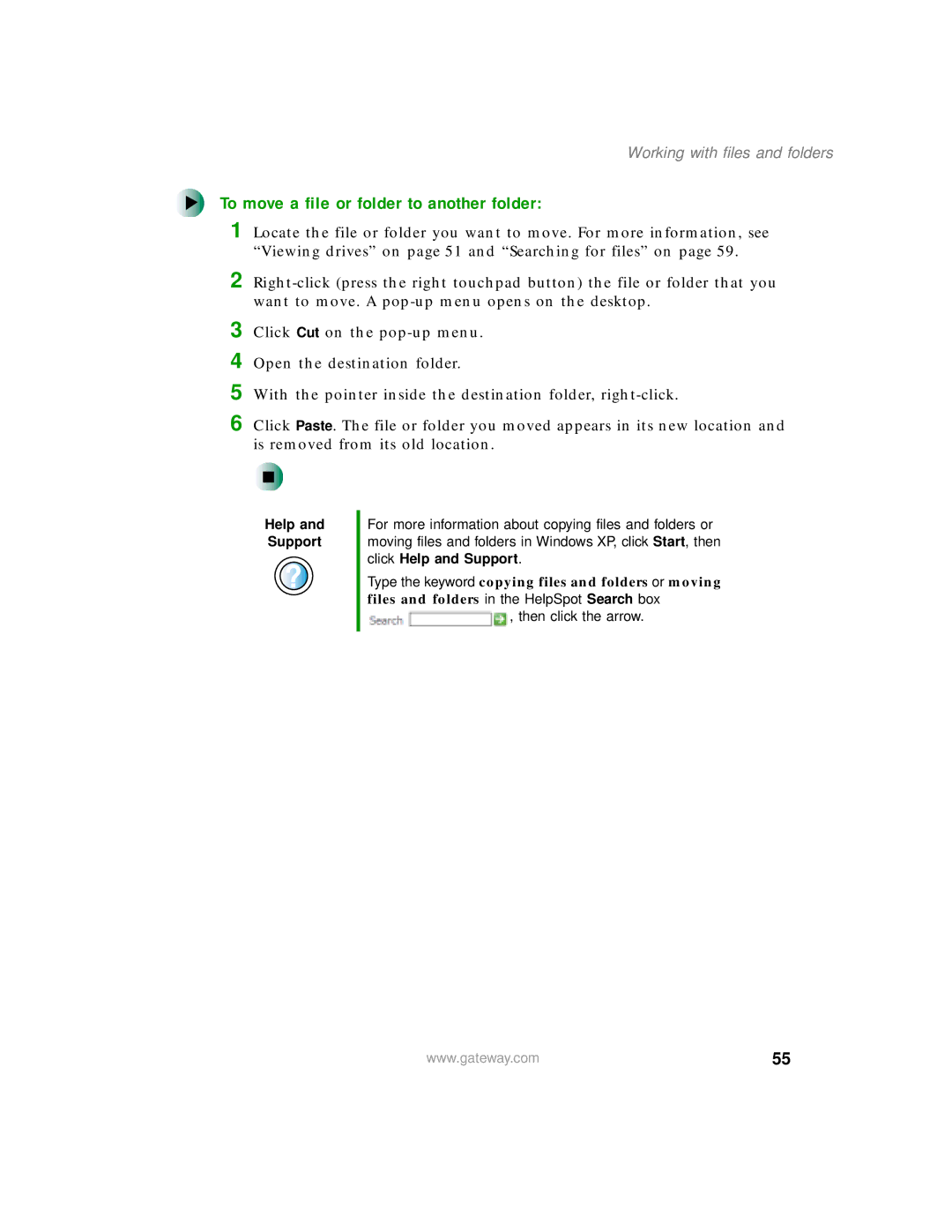 Gateway 400 manual To move a file or folder to another folder 