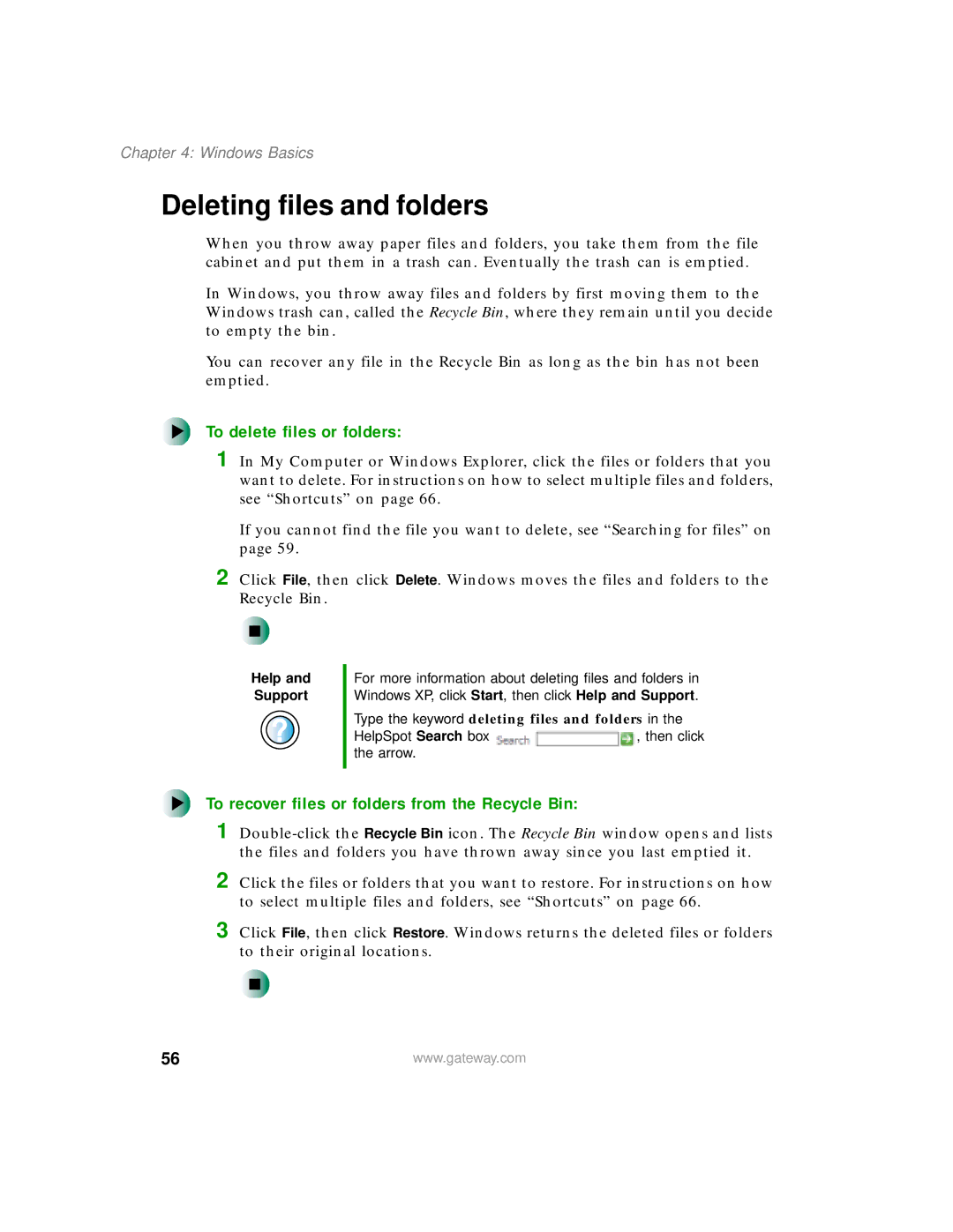 Gateway 400 manual Deleting files and folders, To delete files or folders, To recover files or folders from the Recycle Bin 