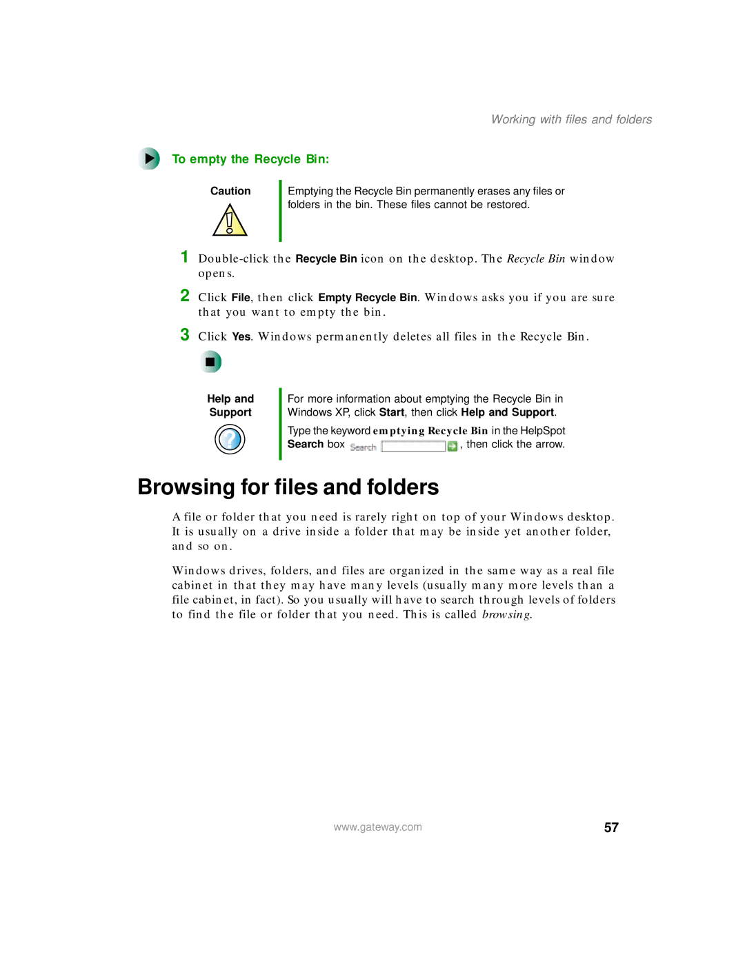 Gateway 400 manual Browsing for files and folders, To empty the Recycle Bin 