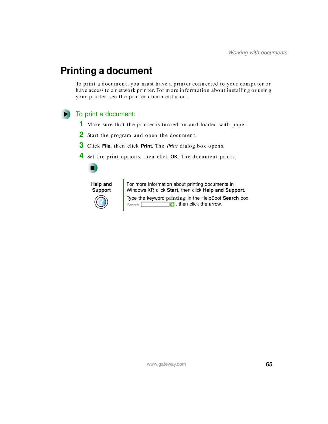 Gateway 400 manual Printing a document, To print a document 