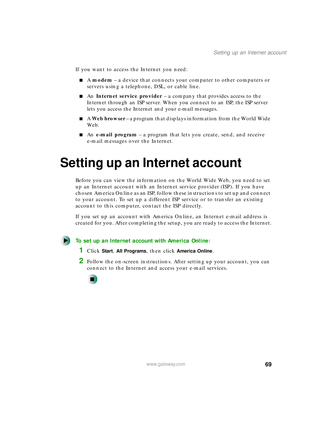 Gateway 400 manual Setting up an Internet account, To set up an Internet account with America Online 