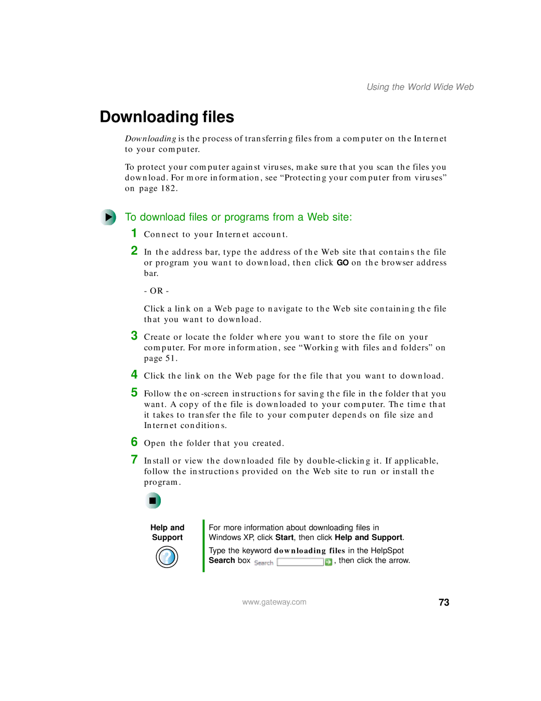 Gateway 400 manual Downloading files, To download files or programs from a Web site 