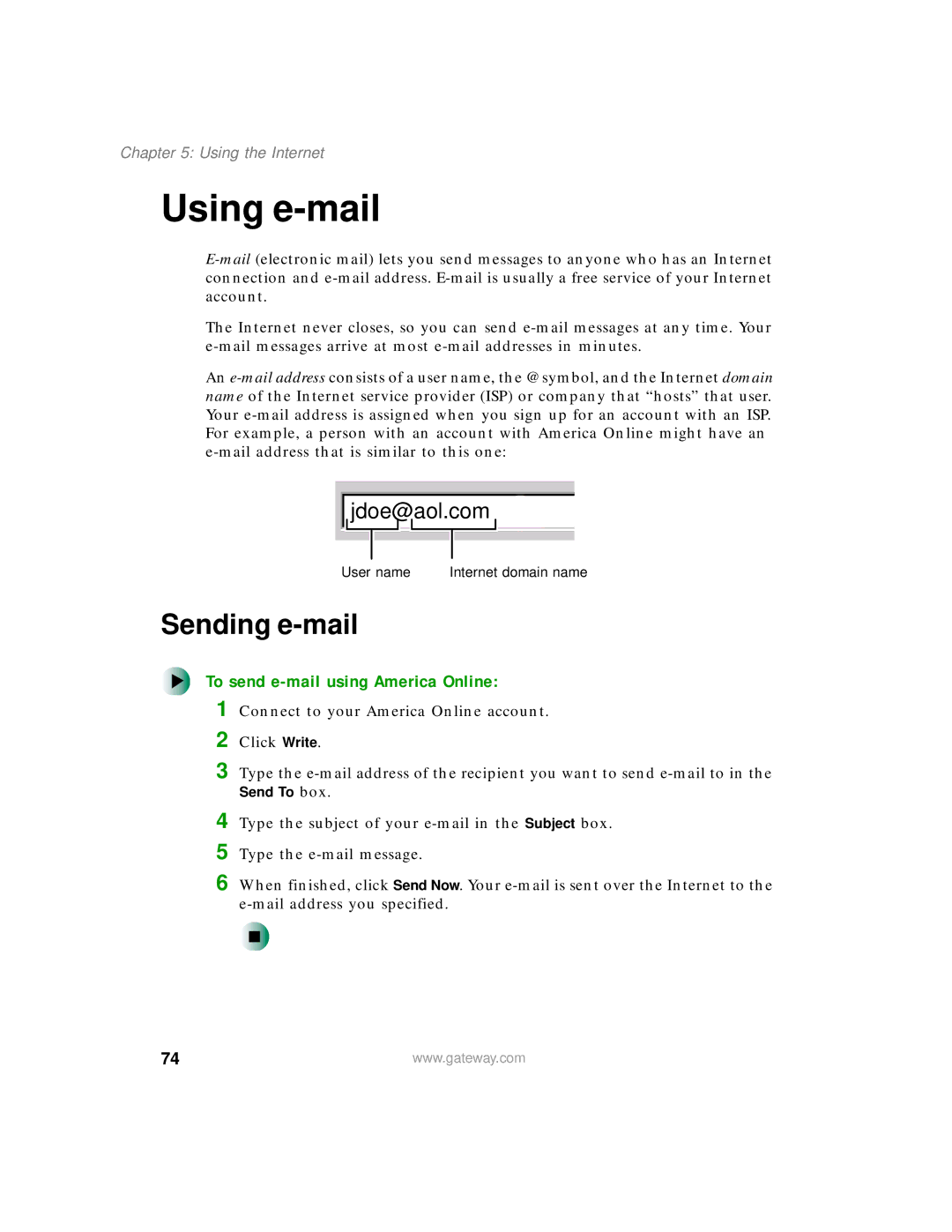 Gateway 400 manual Using e-mail, Sending e-mail, To send e-mail using America Online 