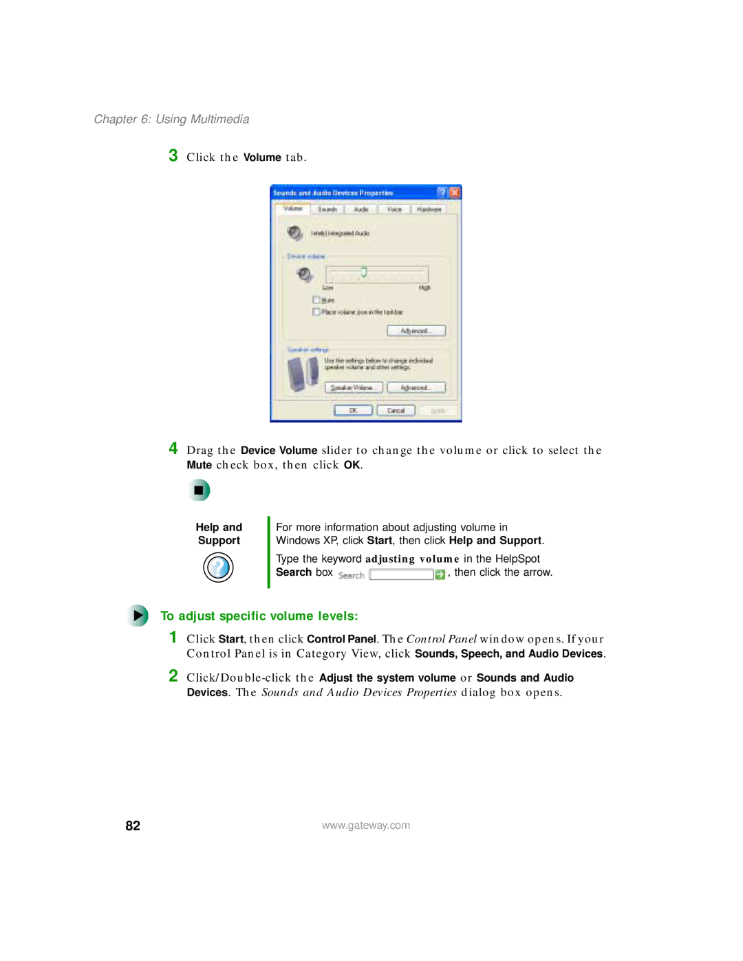 Gateway 400 manual To adjust specific volume levels 