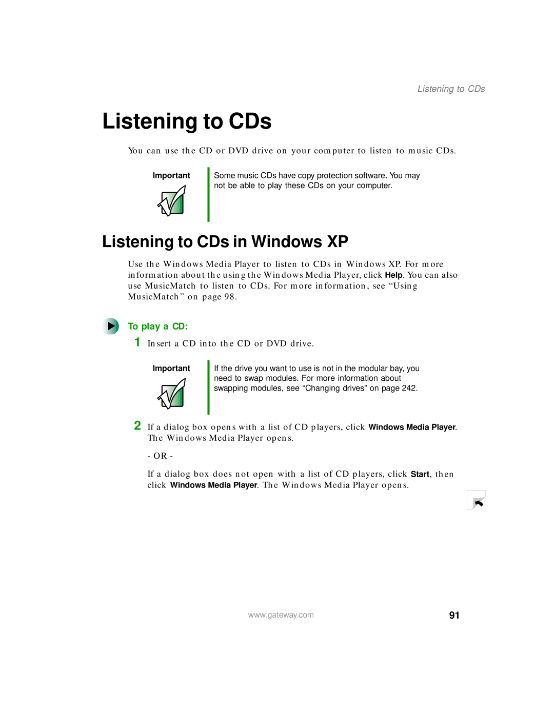 Gateway 450 manual Listening to CDs in Windows XP, To play a CD 