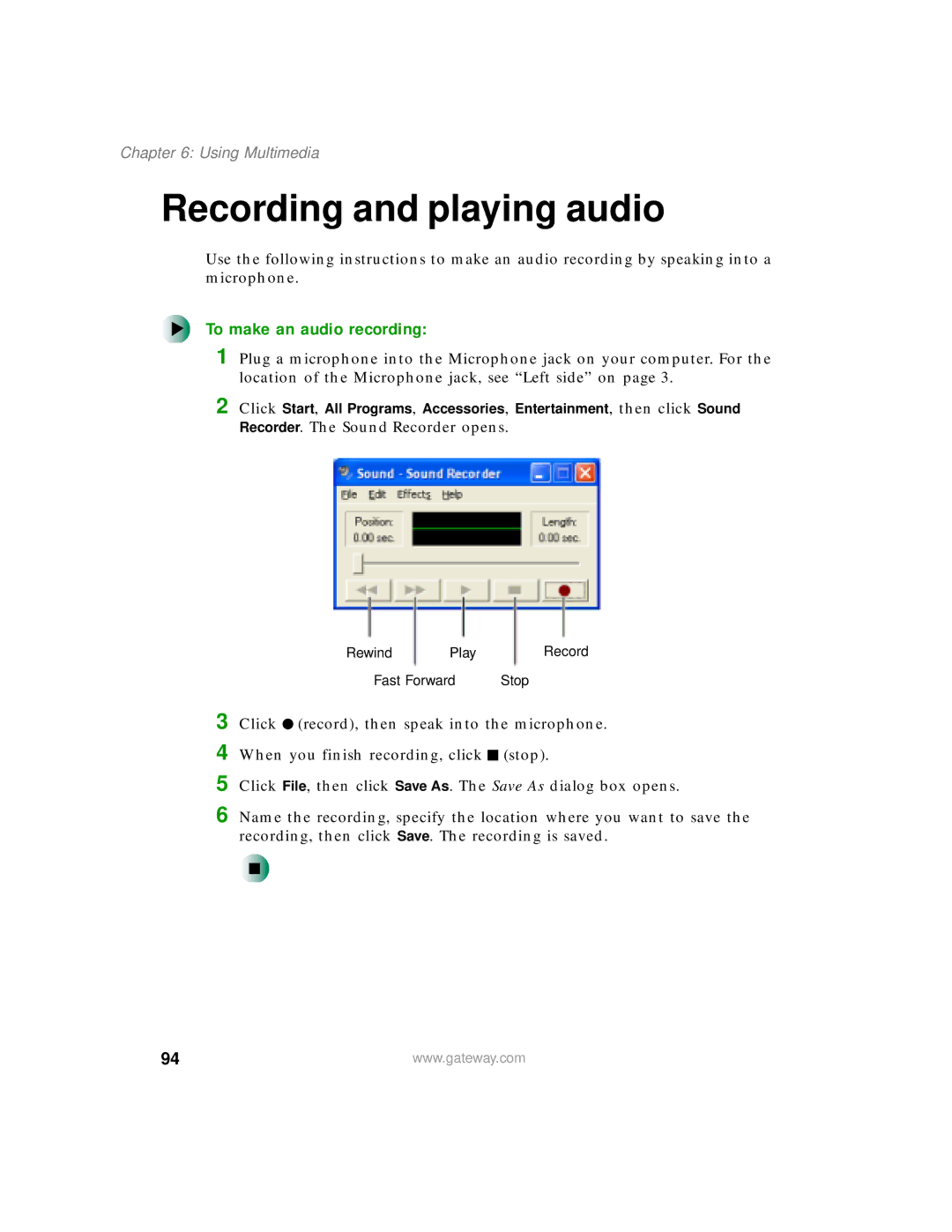 Gateway 450 manual Recording and playing audio, To make an audio recording 