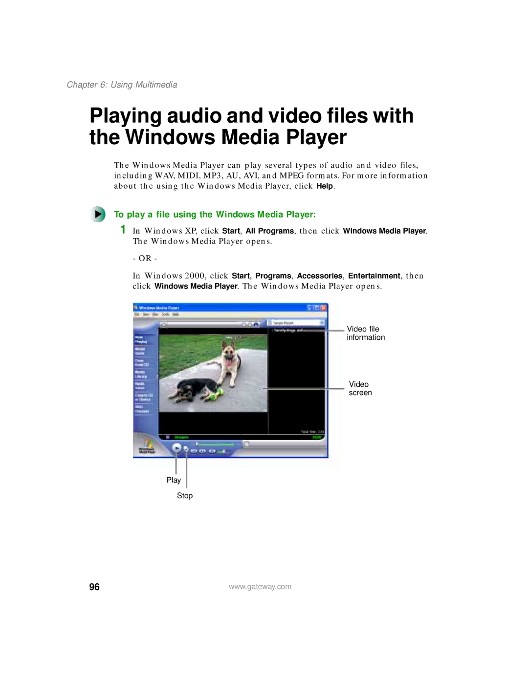 Gateway 450 Playing audio and video files with the Windows Media Player, To play a file using the Windows Media Player 