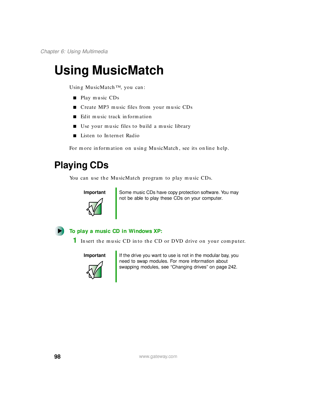 Gateway 450 manual Using MusicMatch, Playing CDs, To play a music CD in Windows XP 