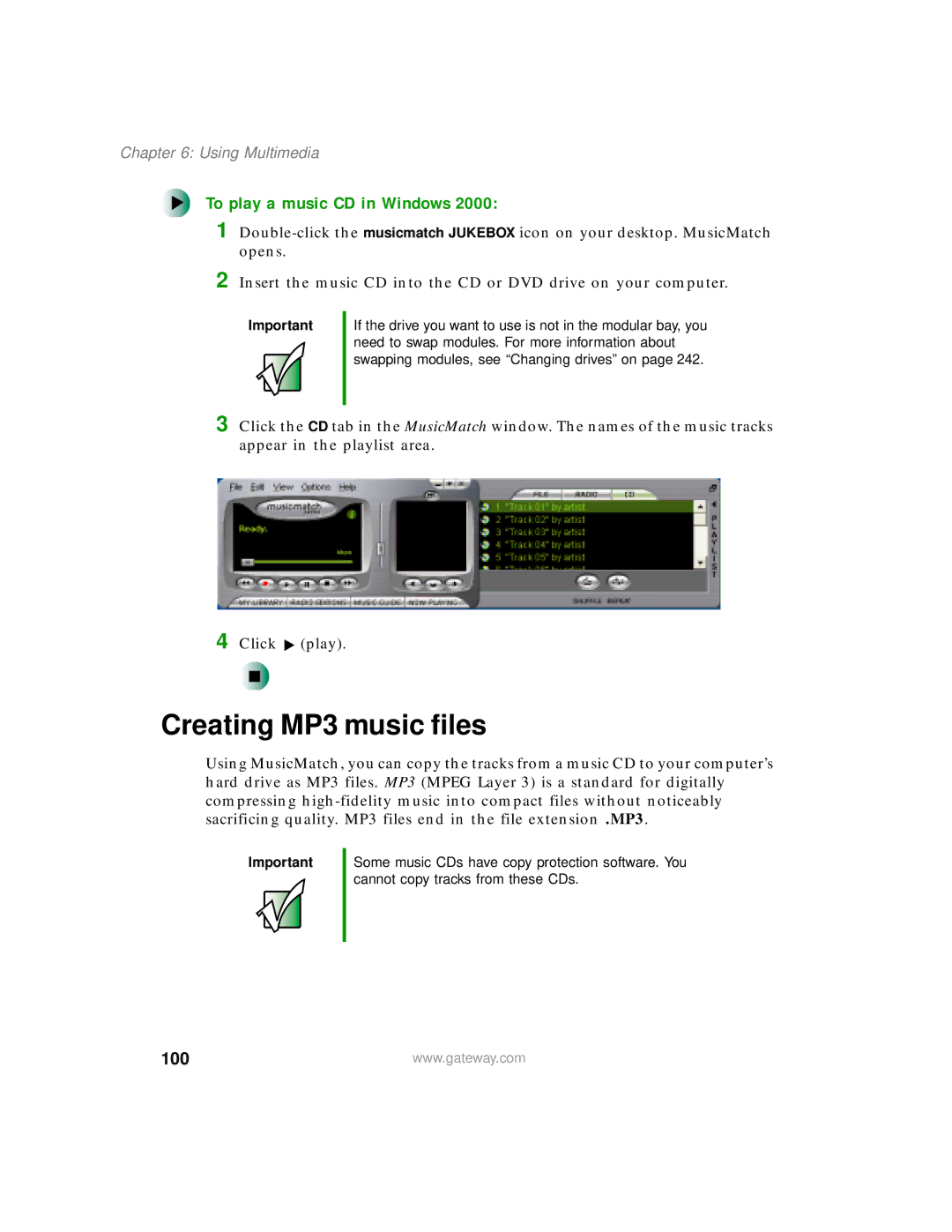 Gateway 450 manual Creating MP3 music files, To play a music CD in Windows, 100 