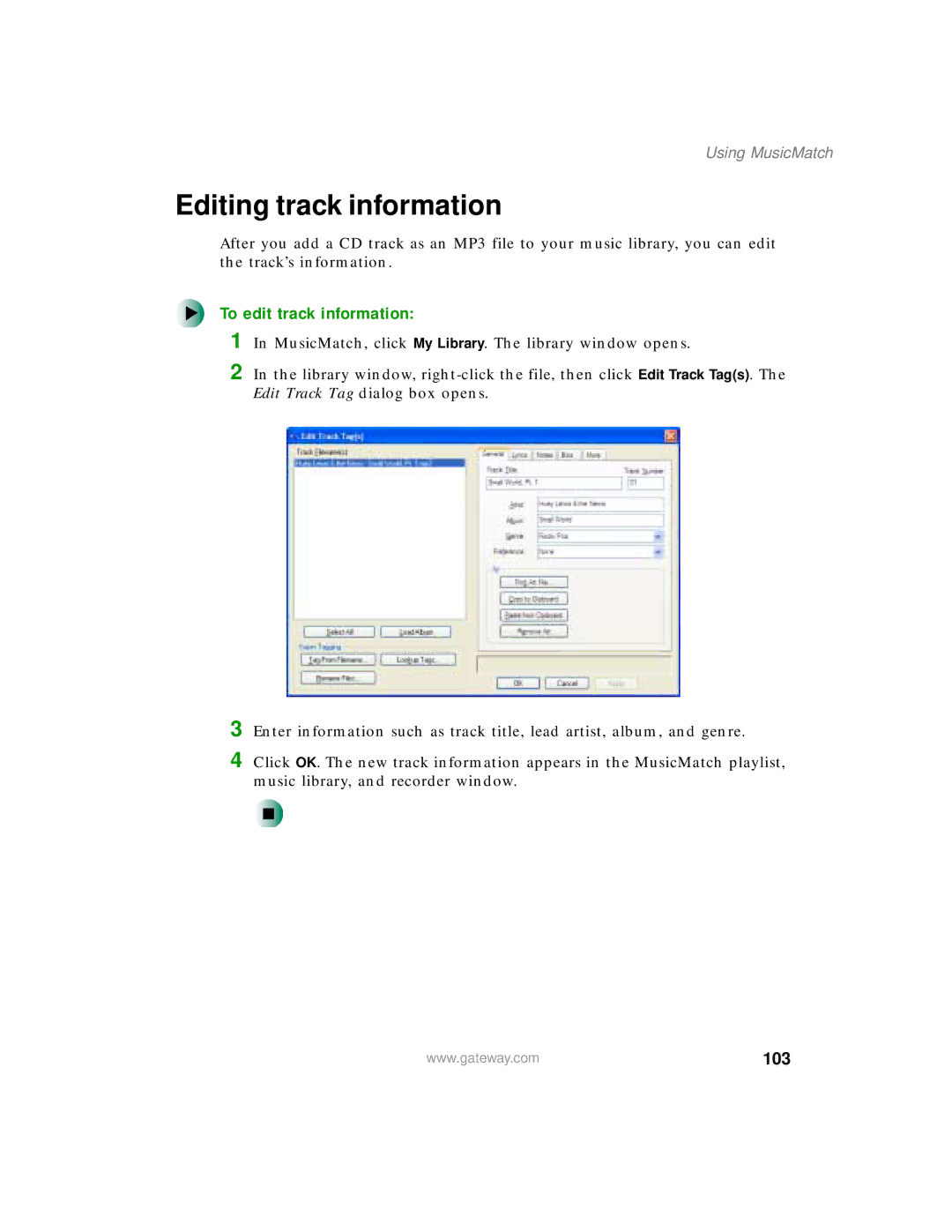 Gateway 450 manual Editing track information, To edit track information, 103 