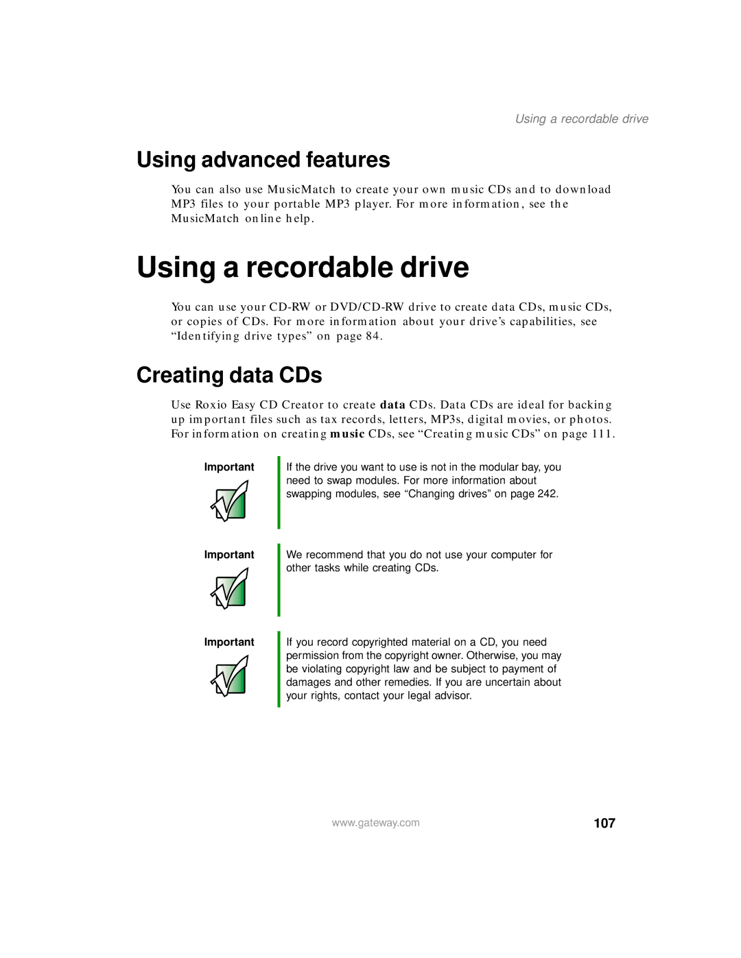 Gateway 450 manual Using a recordable drive, Using advanced features, Creating data CDs, 107 