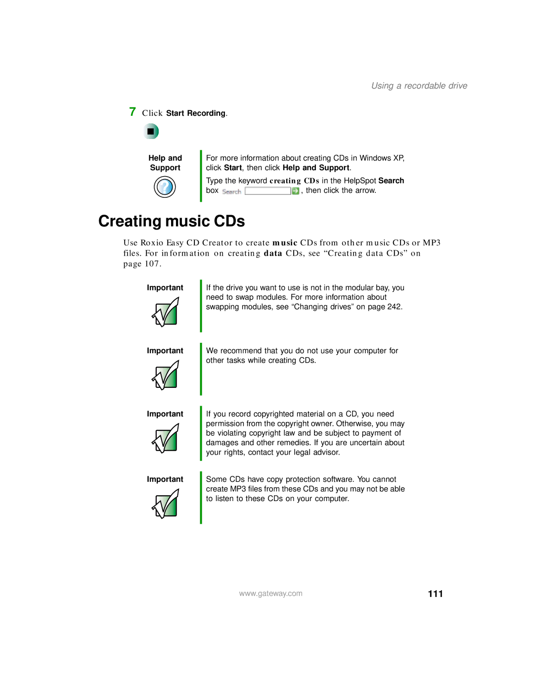 Gateway 450 manual Creating music CDs, 111 