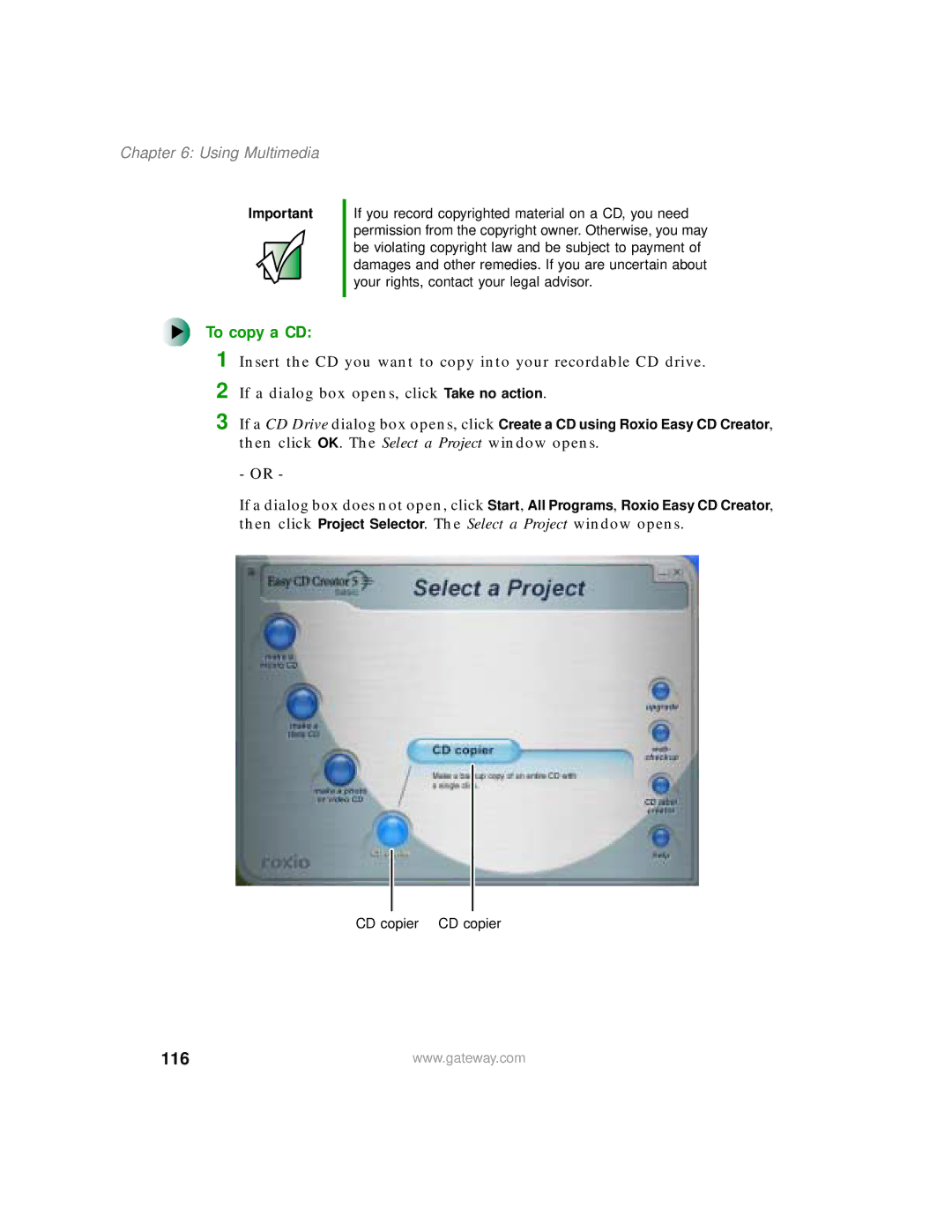 Gateway 450 manual To copy a CD, 116 