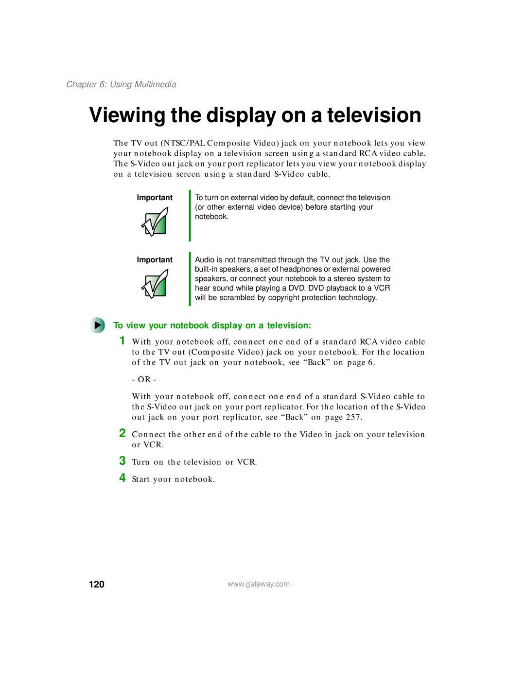 Gateway 450 manual Viewing the display on a television, To view your notebook display on a television, 120 