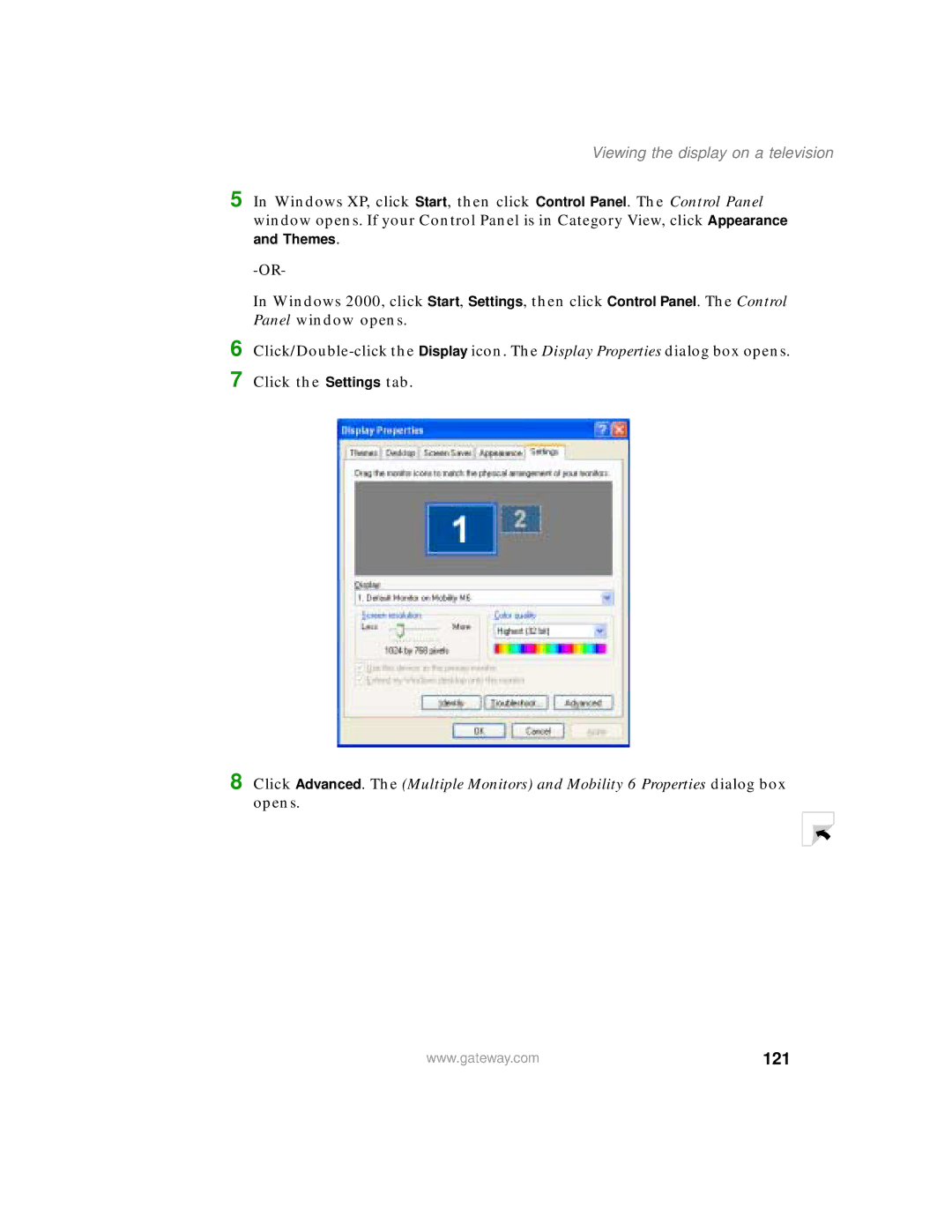 Gateway 450 manual 121, Viewing the display on a television 